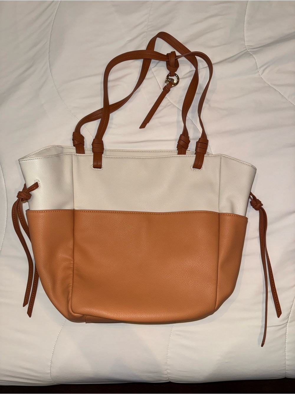 Moda Luxe Two Tone Cognac Ivory Medium Tote Shoulder Bag Like New